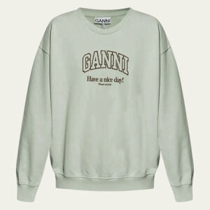 New GANNI Green Logo Crewneck Sweatshirt “Have A Nice Day! Please Recycle” L/XL